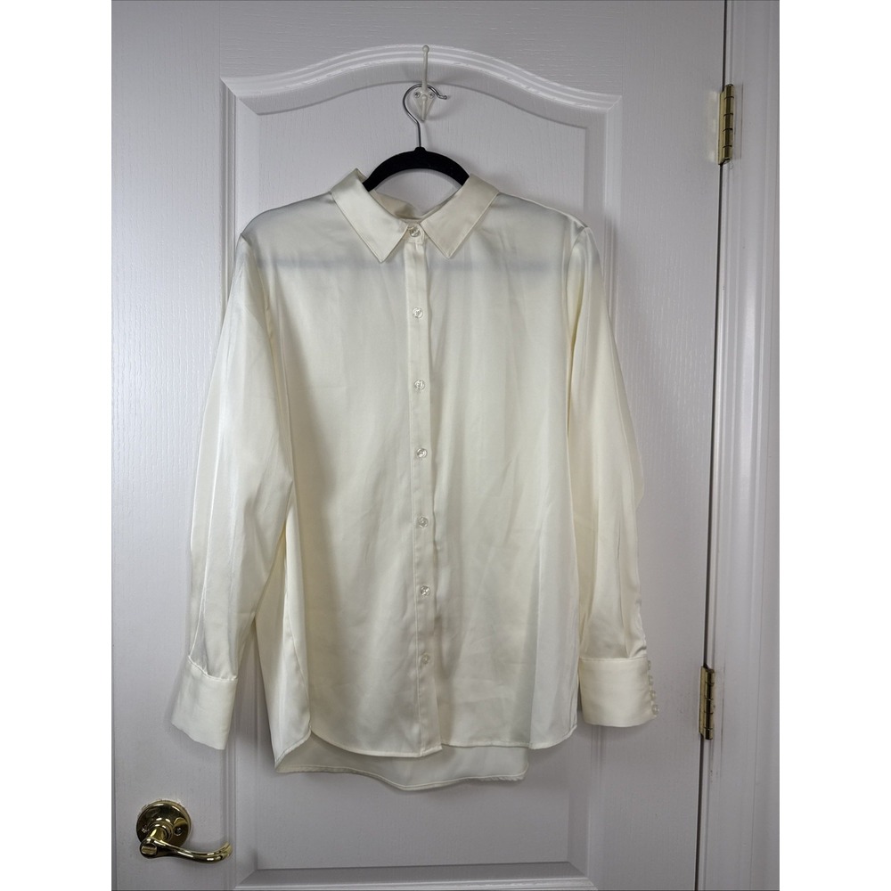 Lands End Womens 10 Ivory Satin Blouse Long Sleeve Button Down Collared Cream